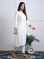 White Saliha 3D Rayon Chikankari Kurti with Muquesh Work
