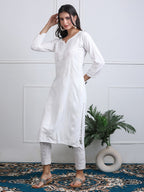 White Saliha 3D Rayon Chikankari Kurti with Muquesh Work