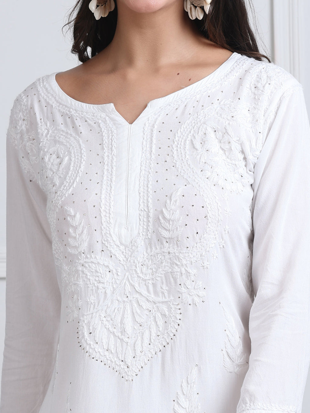 White Saliha 3D Rayon Chikankari Kurti with Muquesh Work