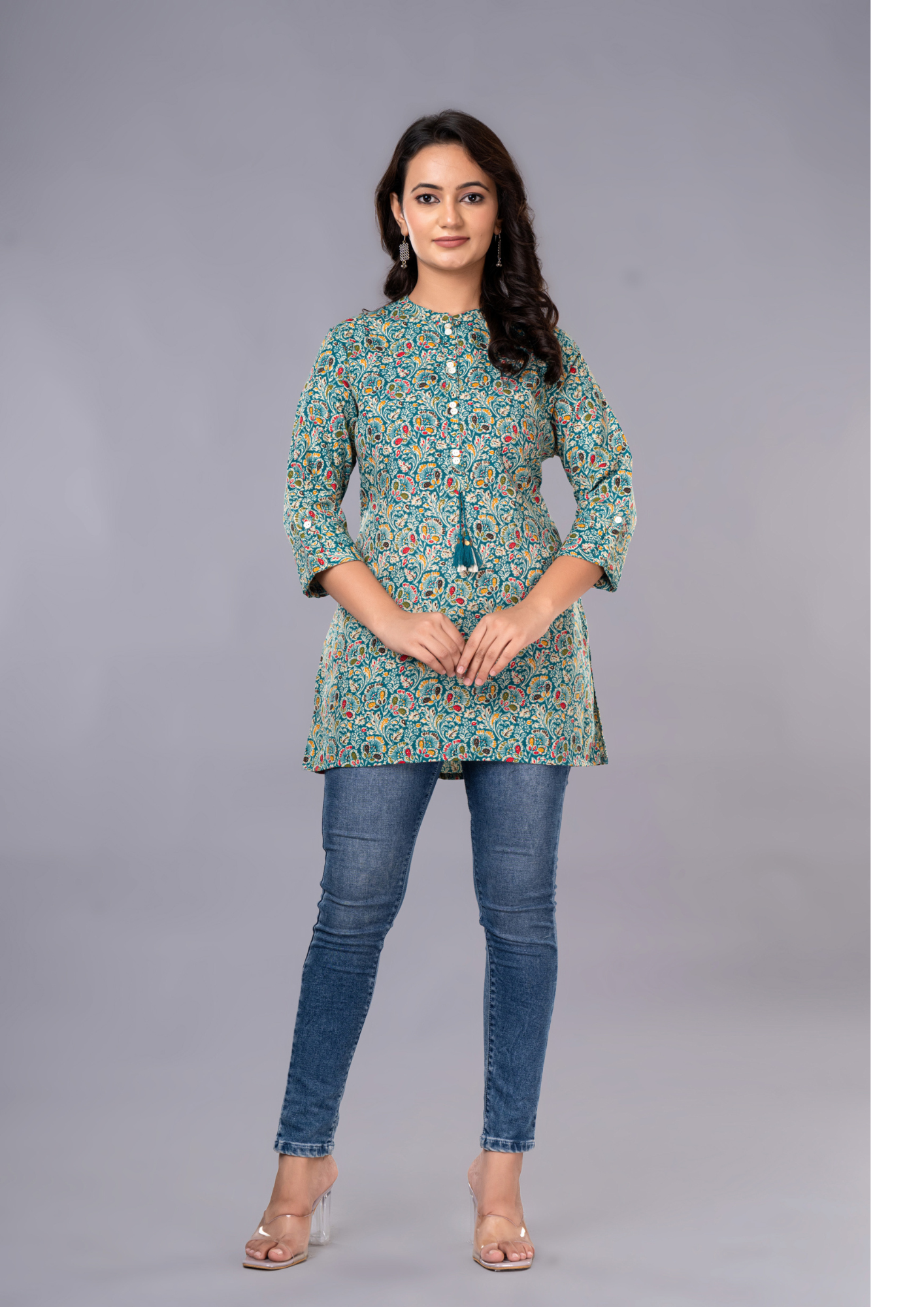 Light Green Aarzo Printed Short Cotton Kurti