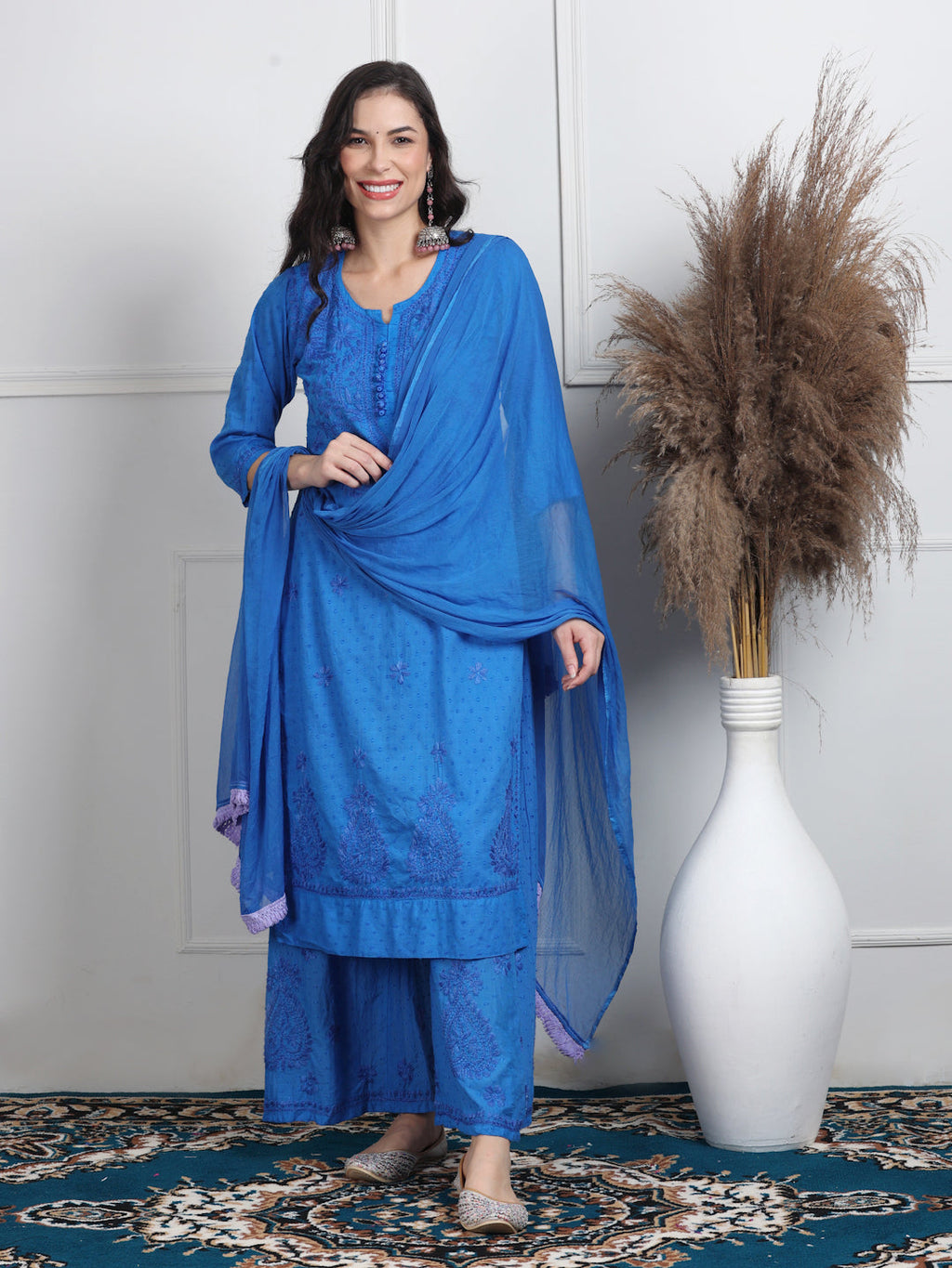 Blue Zulaikha Dyed Dobby Cotton Kurti Set