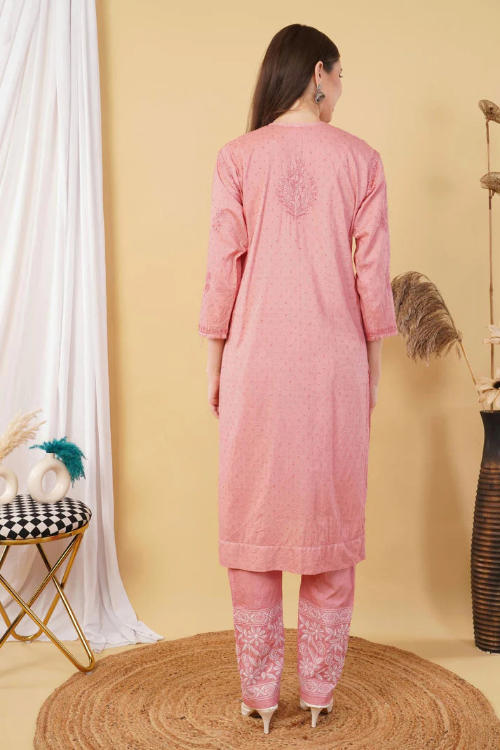 Peach Shifa Dyed Cotton Kurti & Lycra Pant Set