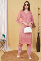 Peach Shifa Dyed Cotton Kurti & Lycra Pant Set
