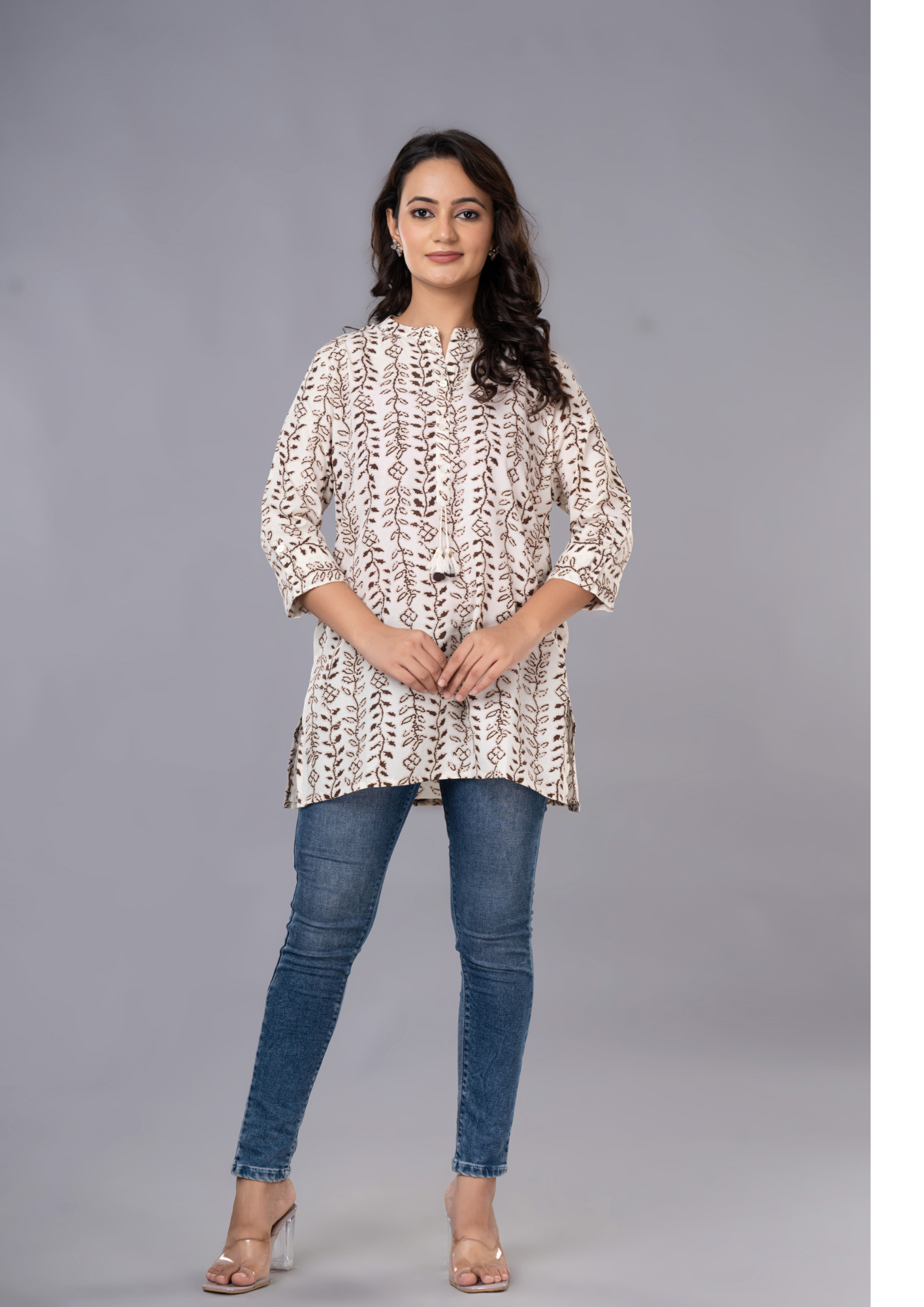 Brown Aarzo Printed Short Cotton Kurti