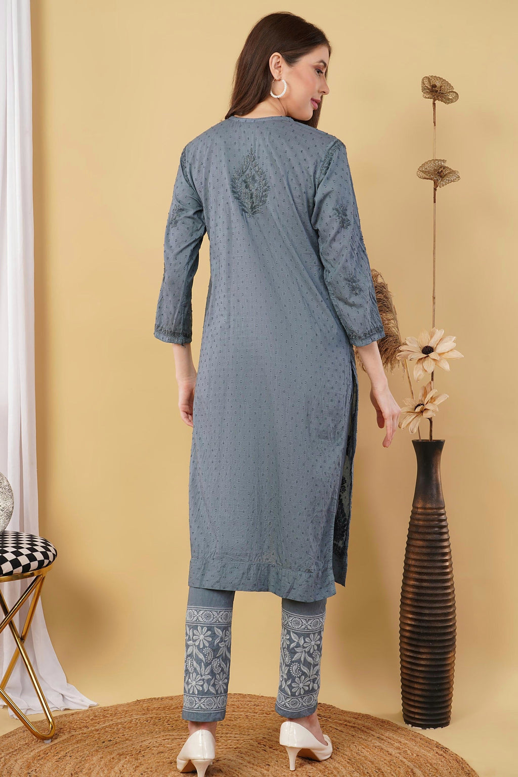 Gray Shifa Dyed Cotton Kurti & Lycra Pant Set
