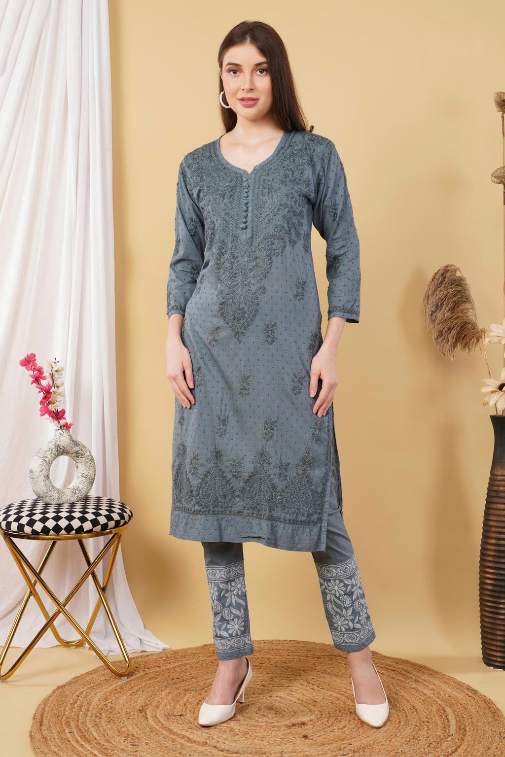 Gray Shifa Dyed Cotton Kurti & Lycra Pant Set