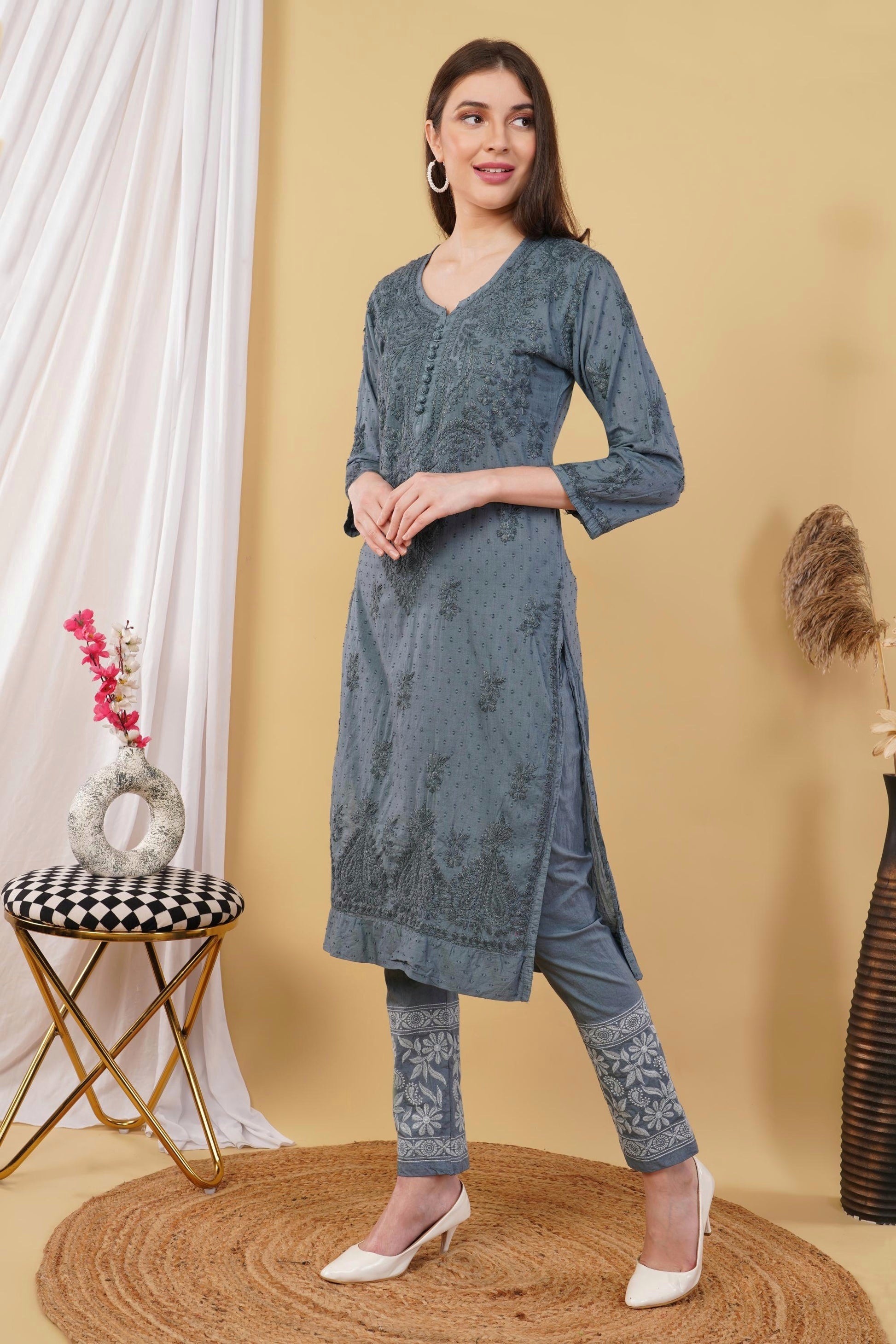 Gray Shifa Dyed Cotton Kurti & Lycra Pant Set