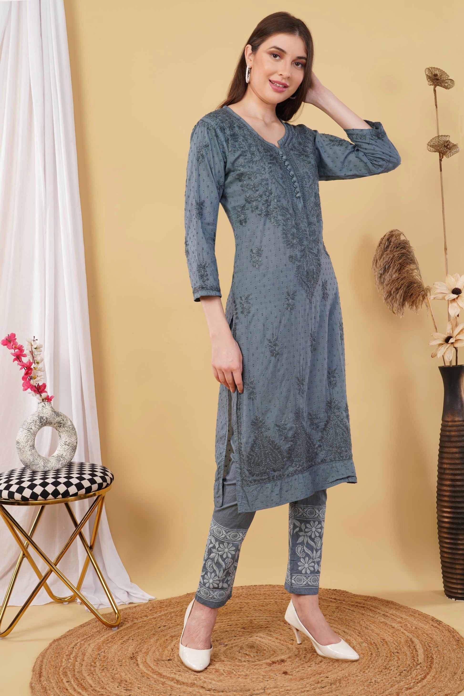 Gray Shifa Dyed Cotton Kurti & Lycra Pant Set