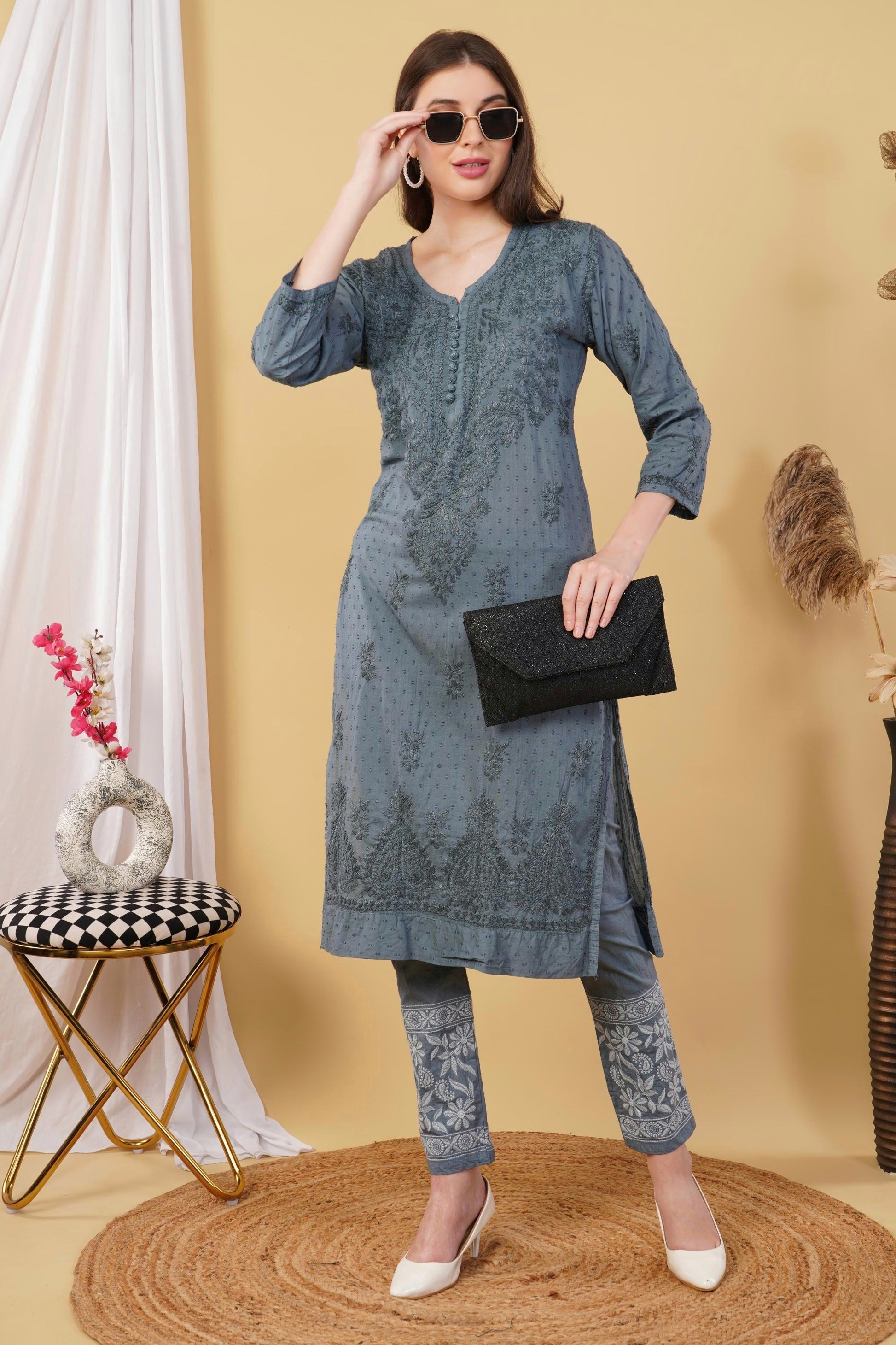 Gray Shifa Dyed Cotton Kurti & Lycra Pant Set