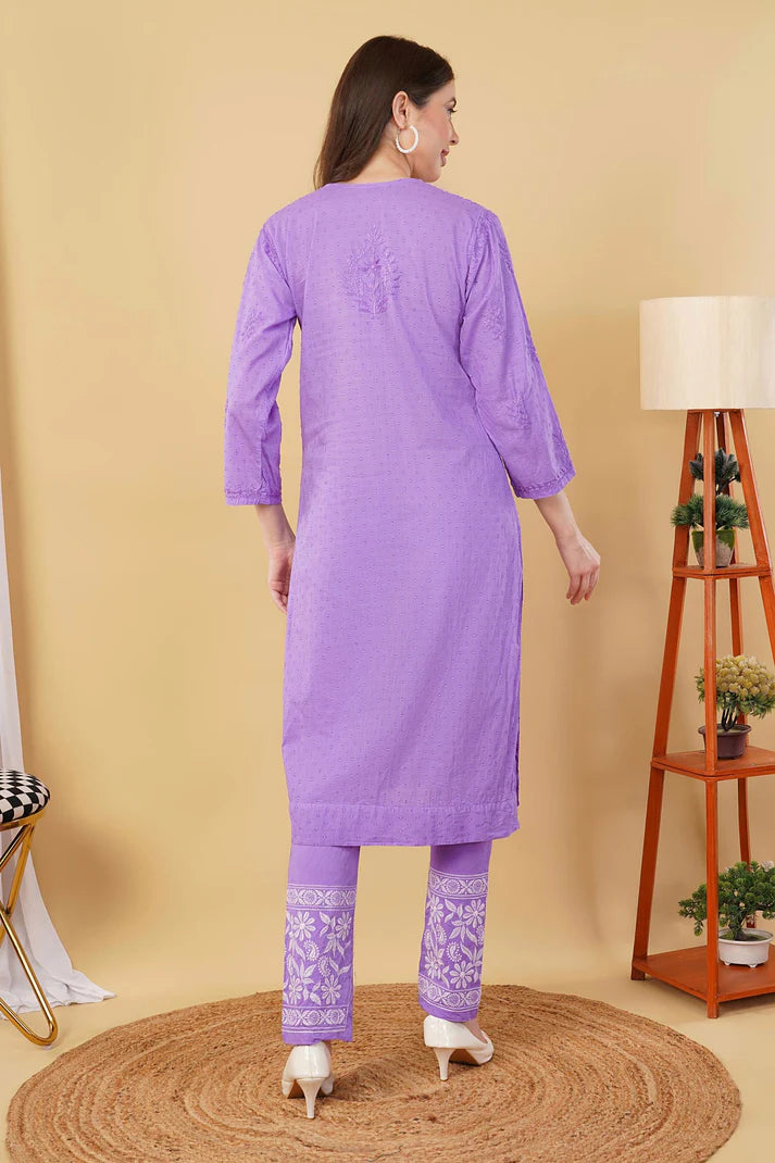 Lavender Shifa Dyed Cotton Kurti & Lycra Pant Set