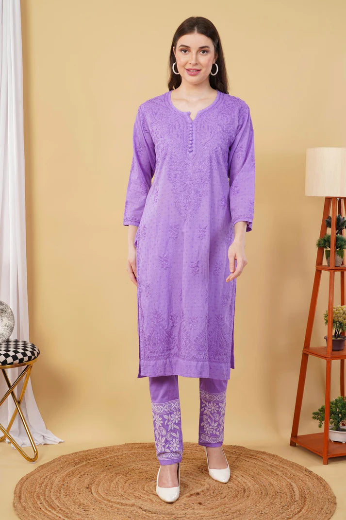 Lavender Shifa Dyed Cotton Kurti & Lycra Pant Set