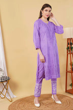 Lavender Shifa Dyed Cotton Kurti & Lycra Pant Set