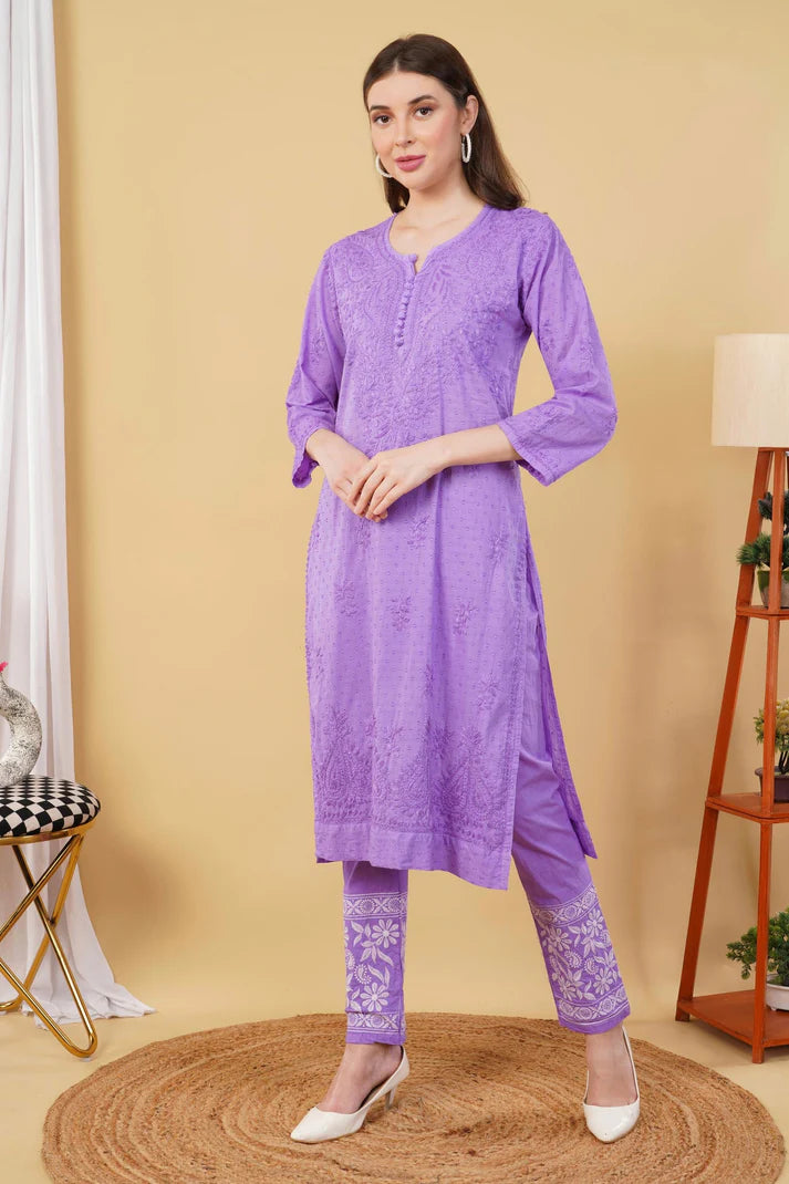Lavender Shifa Dyed Cotton Kurti & Lycra Pant Set