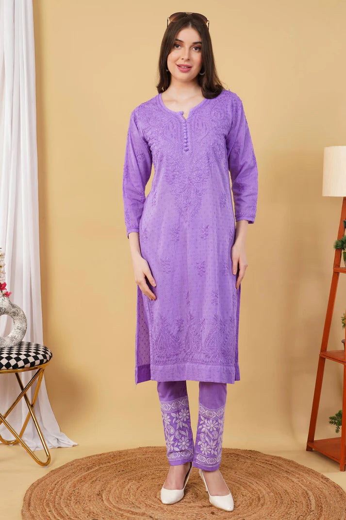 Lavender Shifa Dyed Cotton Kurti & Lycra Pant Set