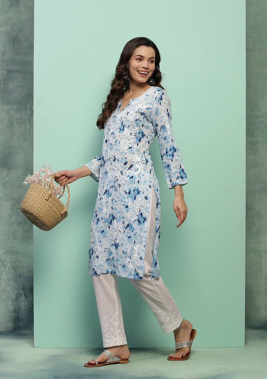Women's Super Comfy Pure Mulmul Floral Print Lucknowi Chikankari Straight Long Kurti