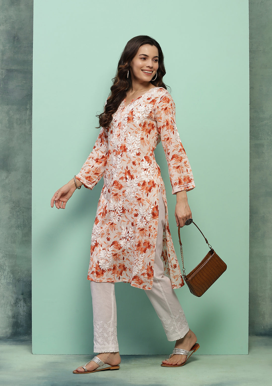 Orange Hania Floral Print Mulmul Kurti