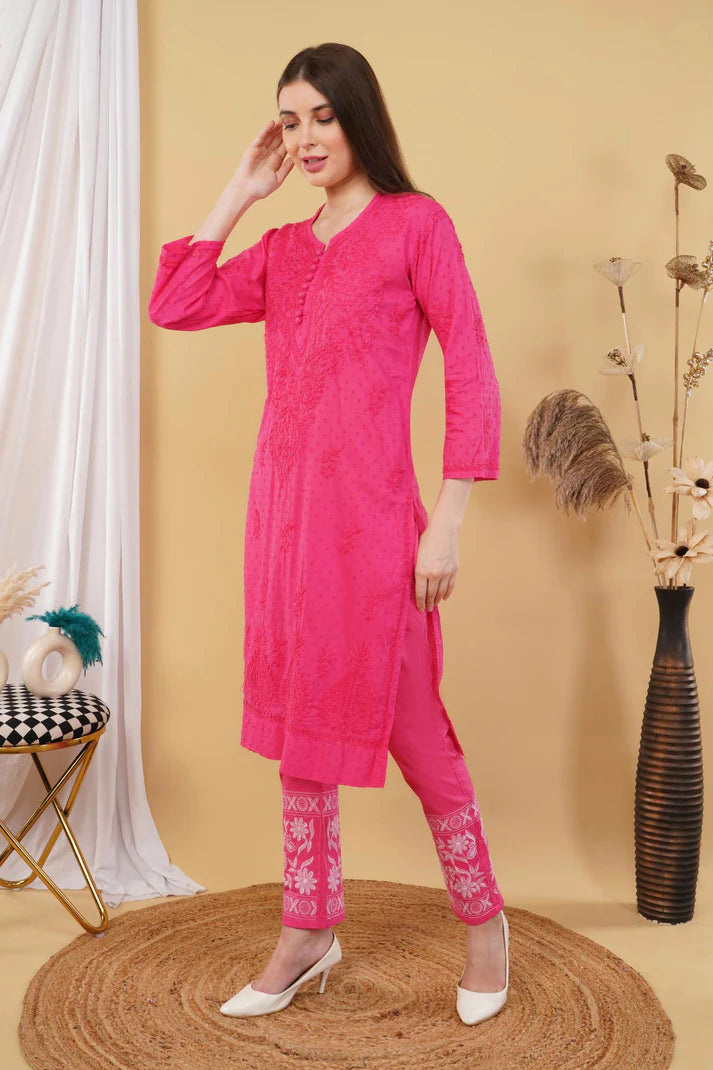 Magenta Shifa Dyed Cotton Kurti & Lycra Pant Set