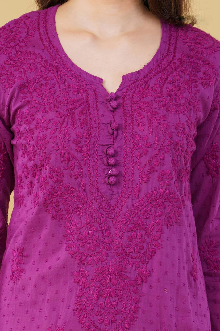 Purple Shifa Dyed Cotton Kurti & Lycra Pant Set