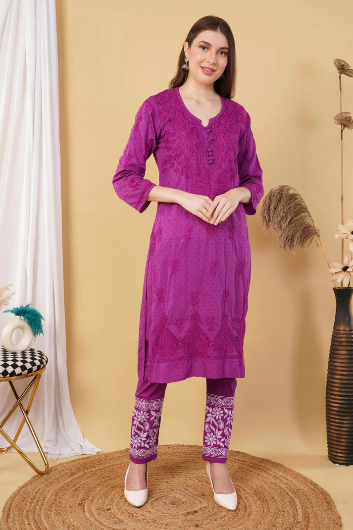 Purple Shifa Dyed Cotton Kurti & Lycra Pant Set