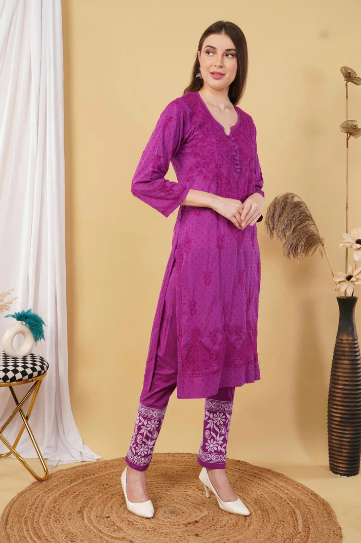Purple Shifa Dyed Cotton Kurti & Lycra Pant Set