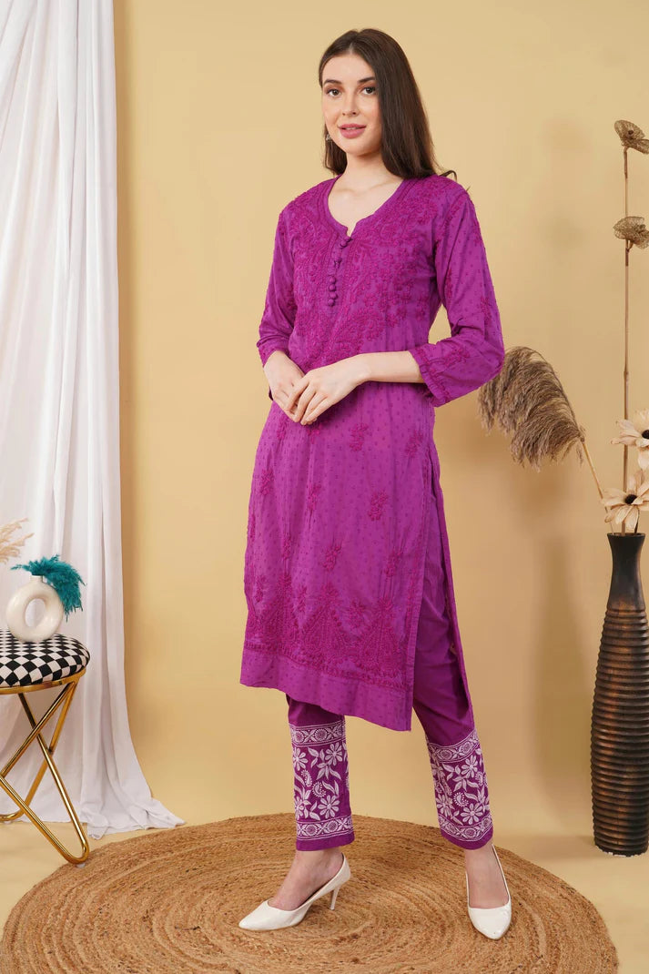 Purple Shifa Dyed Cotton Kurti & Lycra Pant Set