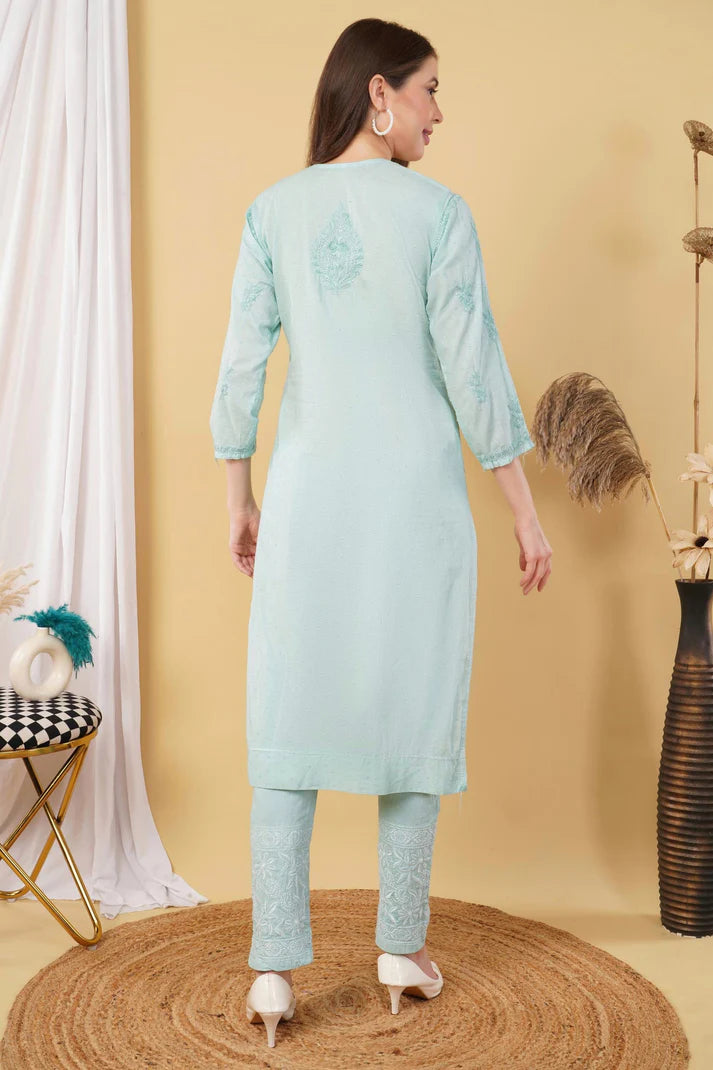 Sea Green Shifa Dyed Cotton Kurti & Lycra Pant Set