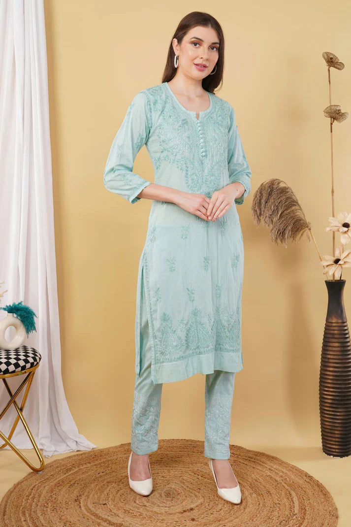 Sea Green Shifa Dyed Cotton Kurti & Lycra Pant Set