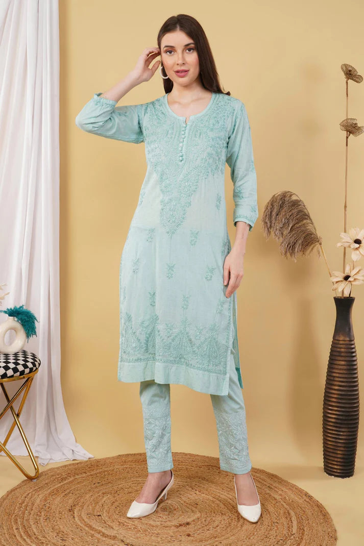 Sea Green Shifa Dyed Cotton Kurti & Lycra Pant Set
