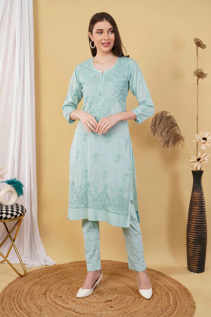 Sea Green Shifa Dyed Cotton Kurti & Lycra Pant Set