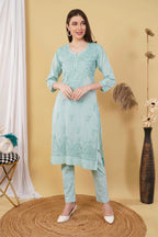 Sea Green Shifa Dyed Cotton Kurti & Lycra Pant Set