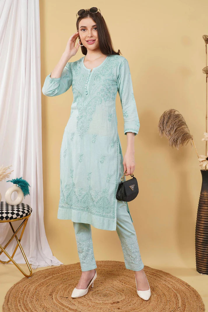 Sea Green Shifa Dyed Cotton Kurti & Lycra Pant Set