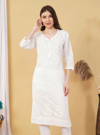 SAIYAARA White Soft Combed Cotton Chikankari Kurti – Timeless Elegance Inspired by Love & Memories