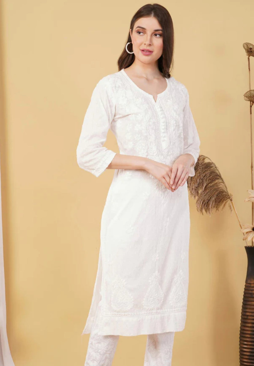White SAIYAARA White Soft Combed Cotton Chikankari Kurti Malabis.in