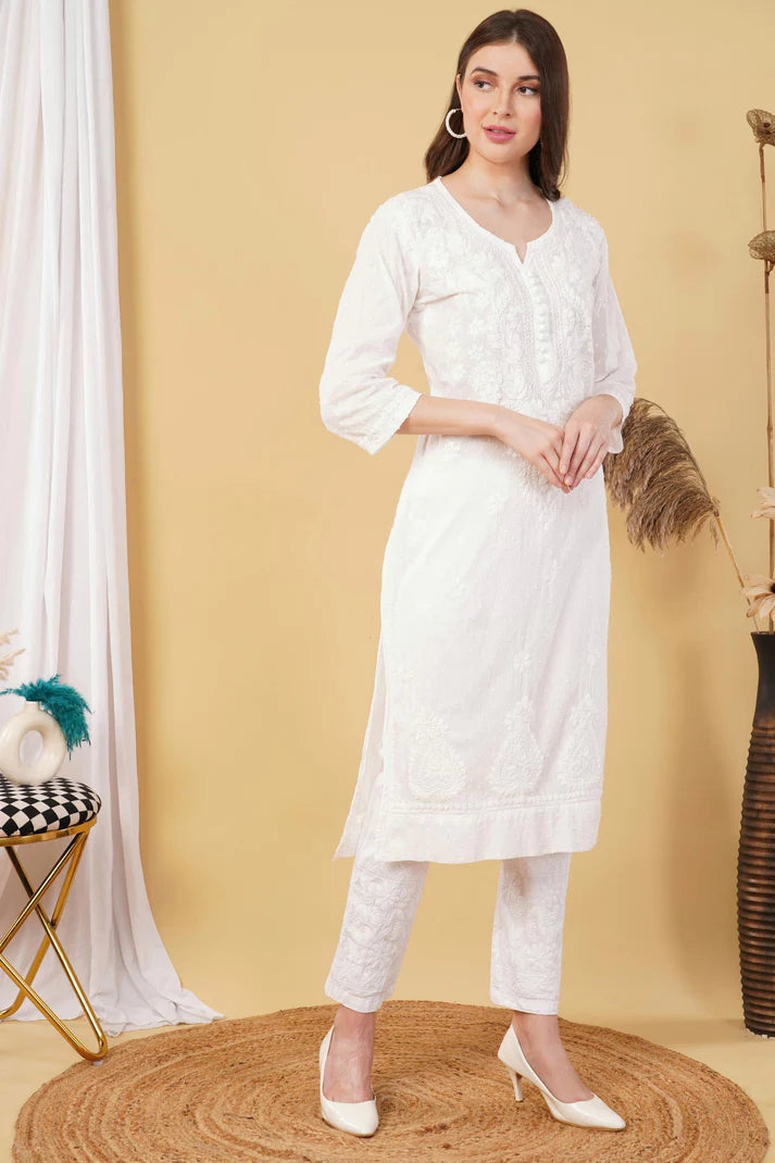 White Shifa Dyed Cotton Kurti & Lycra Pant Set