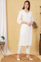 White Shifa Dyed Cotton Kurti & Lycra Pant Set
