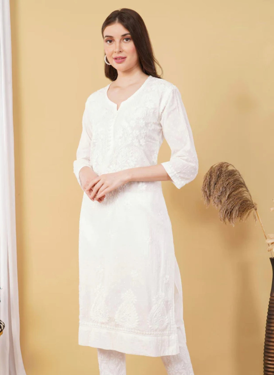 White SAIYAARA White Soft Combed Cotton Chikankari Kurti Malabis.in
