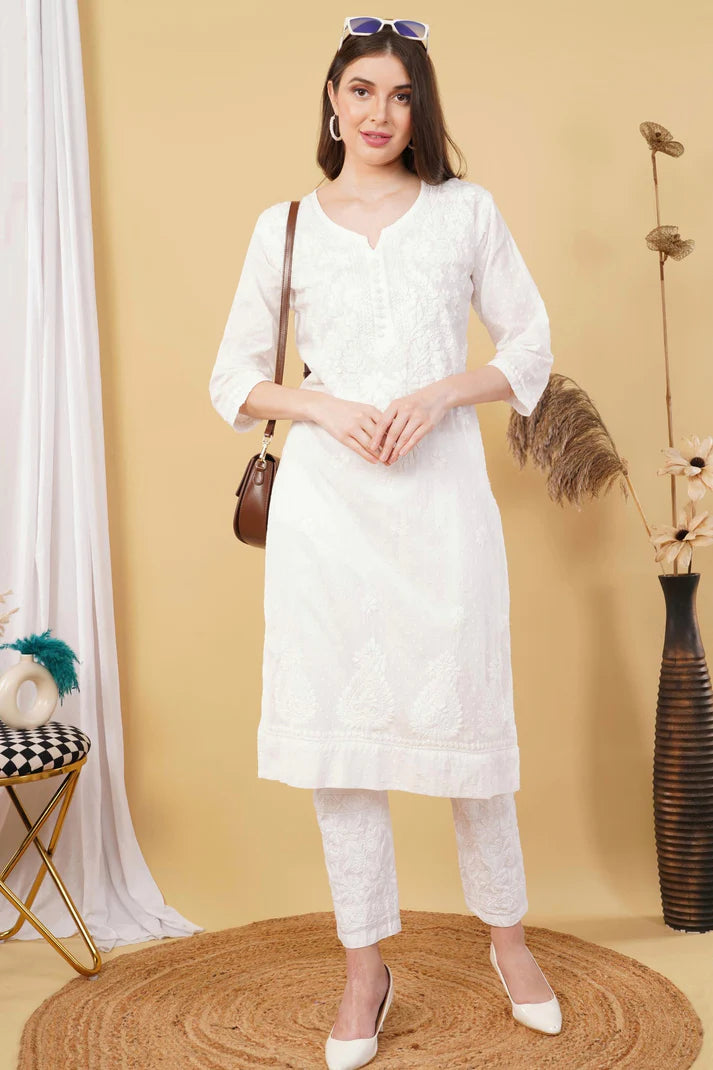 White Shifa Dyed Cotton Kurti & Lycra Pant Set