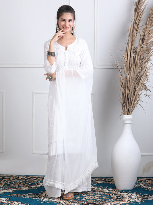 Women’s White Lucknowi Chikankari Cotton Kurti, Palazzo & Dupatta Set