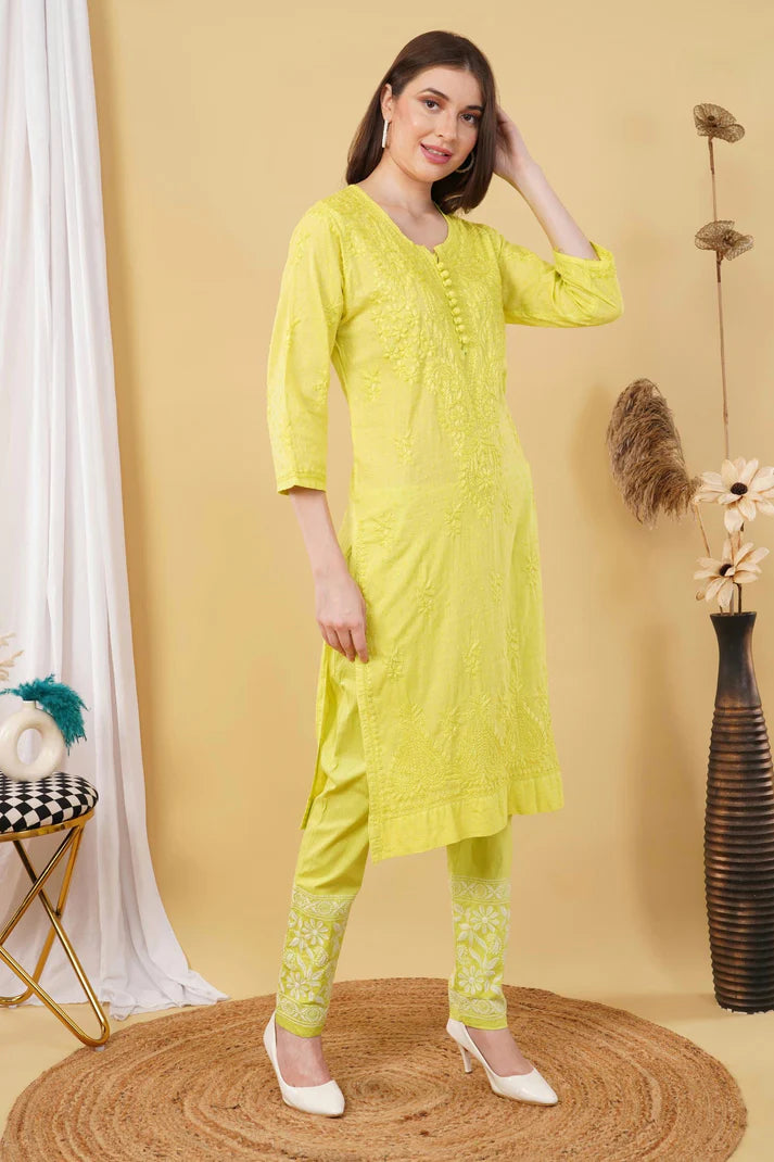 Yellow Shifa Dyed Cotton Kurti & Lycra Pant Set