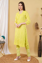 Yellow Shifa Dyed Cotton Kurti & Lycra Pant Set
