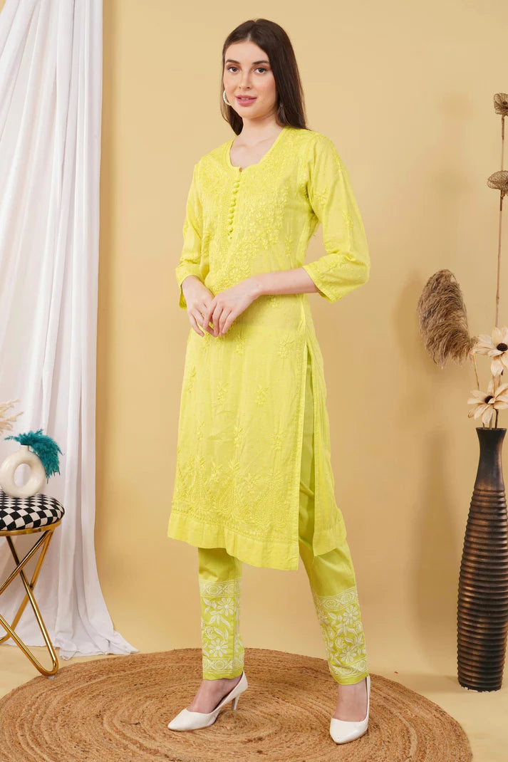 Yellow Shifa Dyed Cotton Kurti & Lycra Pant Set