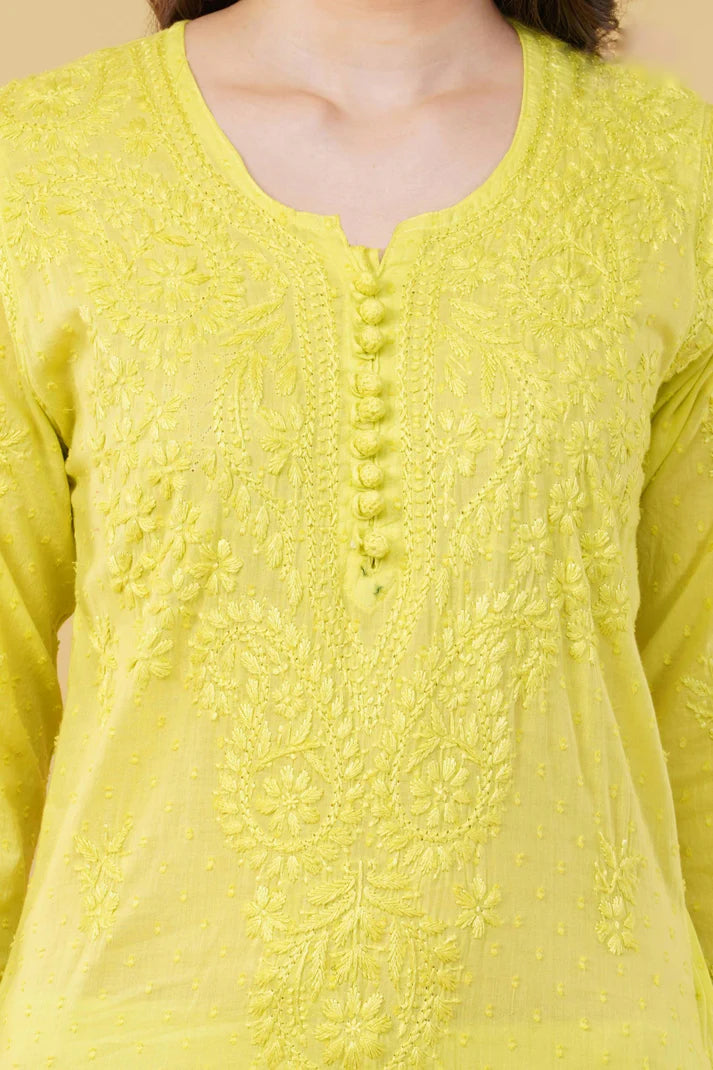 Yellow Shifa Dyed Cotton Kurti & Lycra Pant Set