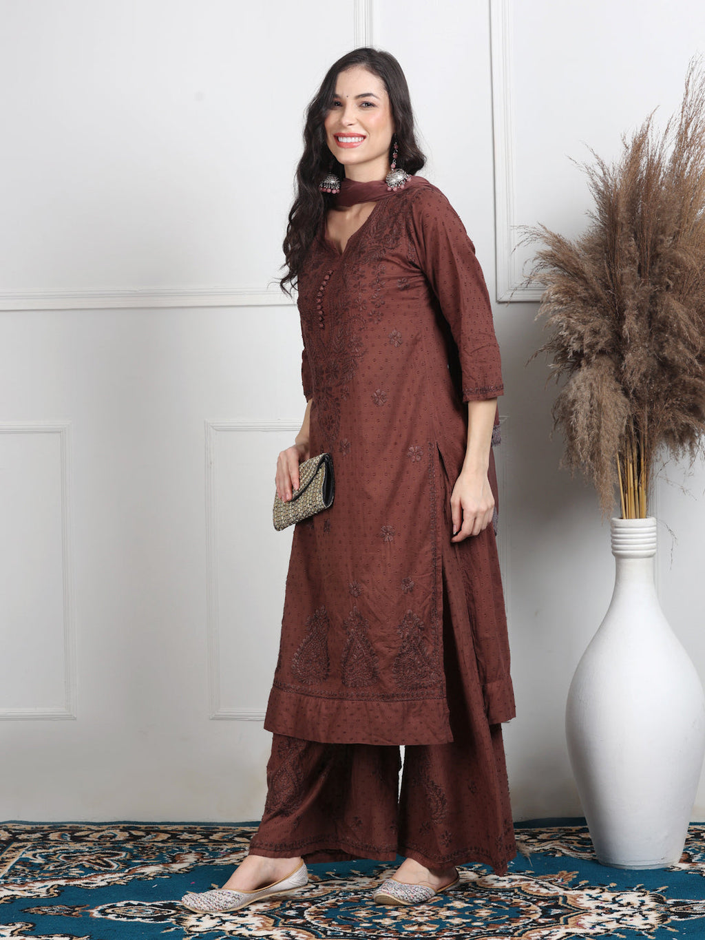 Brown Zulaikha Dyed Dobby Cotton Kurti Set