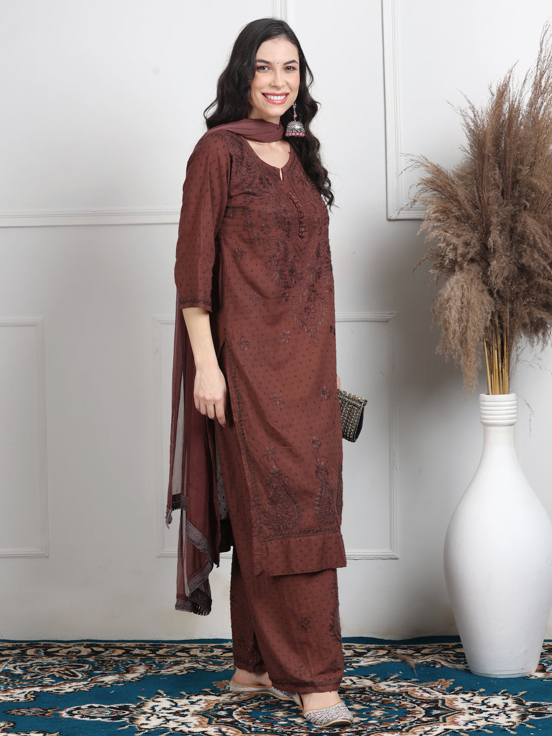 Brown Zulaikha Dyed Dobby Cotton Kurti Set