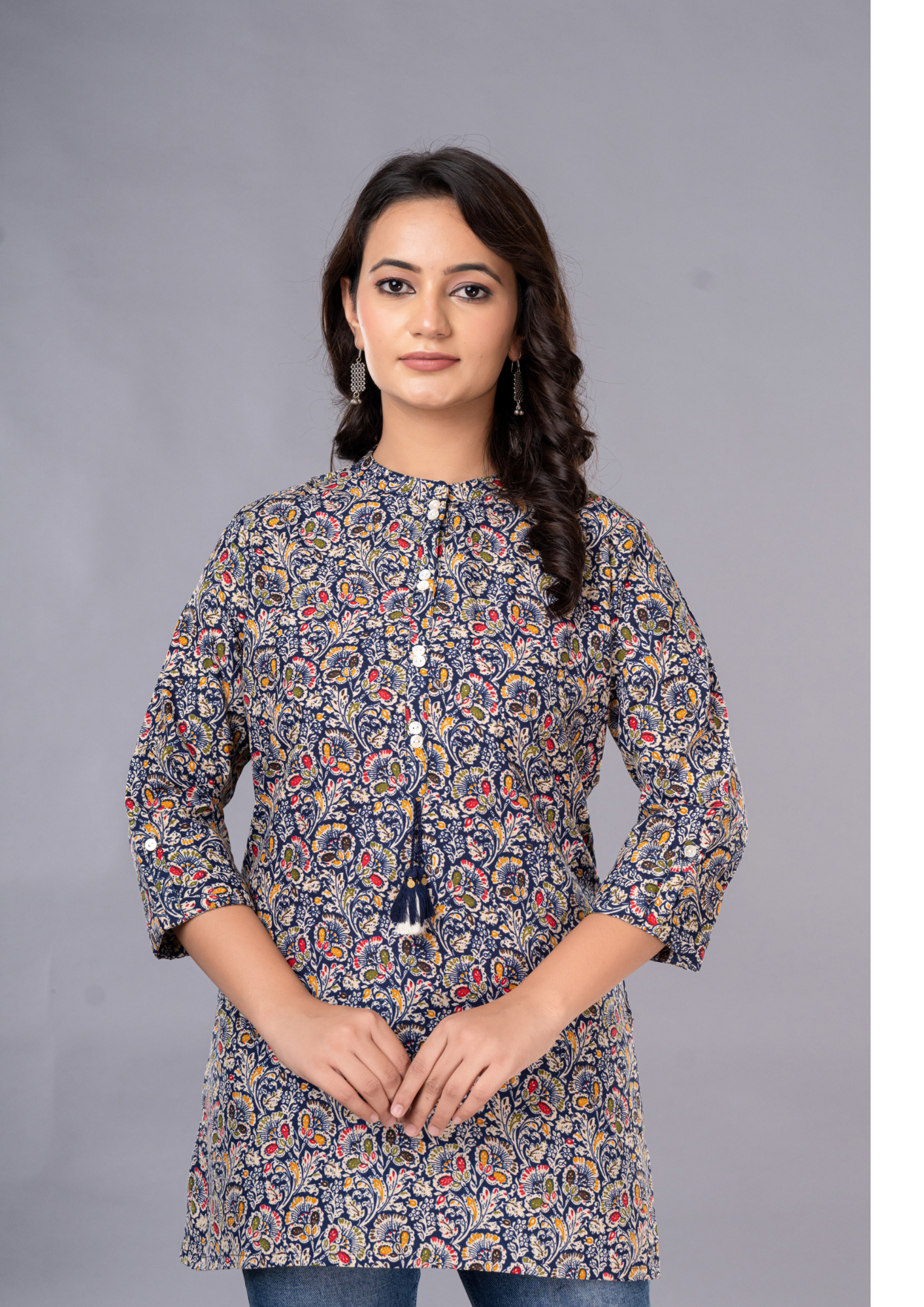 Blue Aarzo Printed Short Cotton Kurti