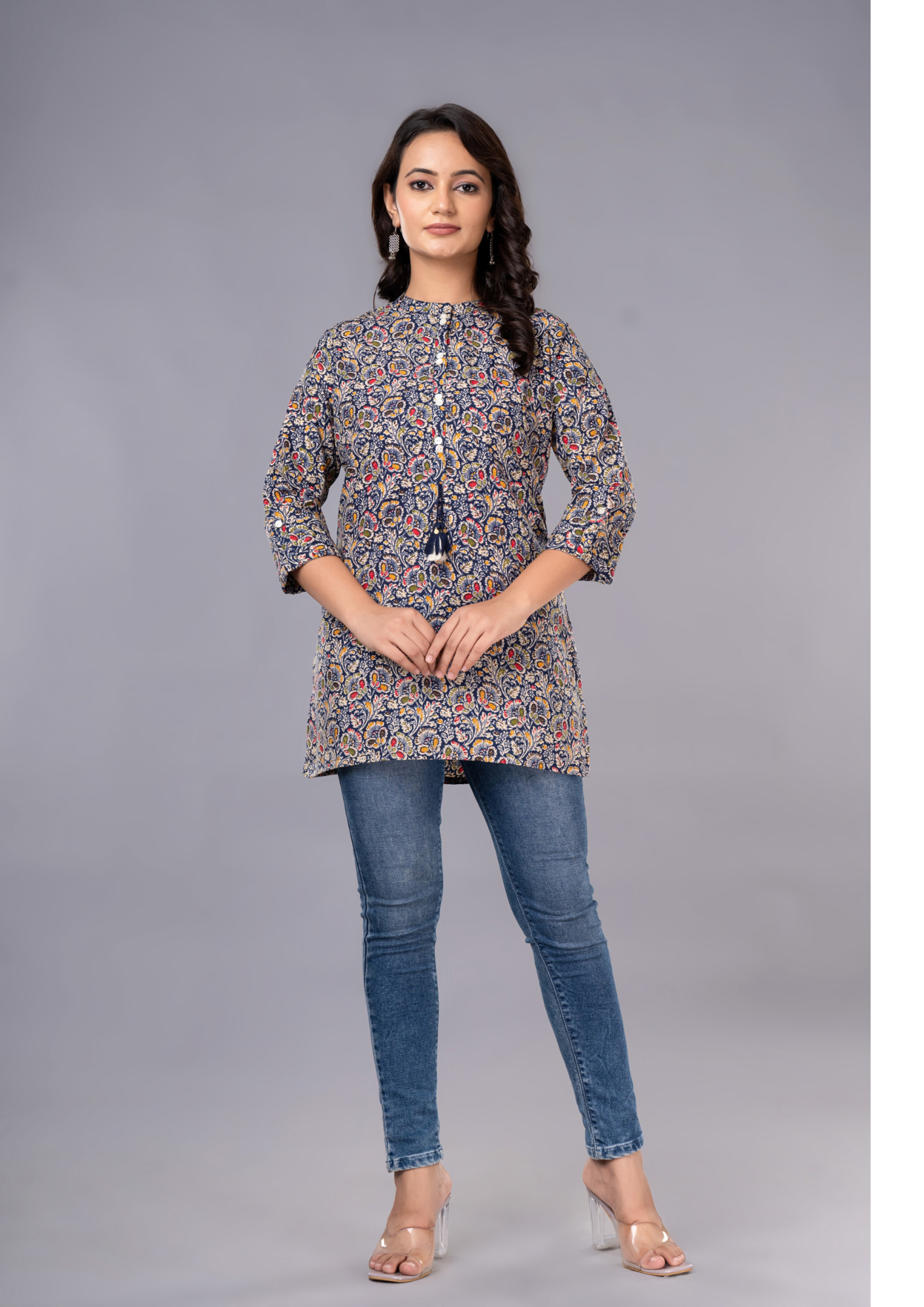 Blue Aarzo Printed Short Cotton Kurti