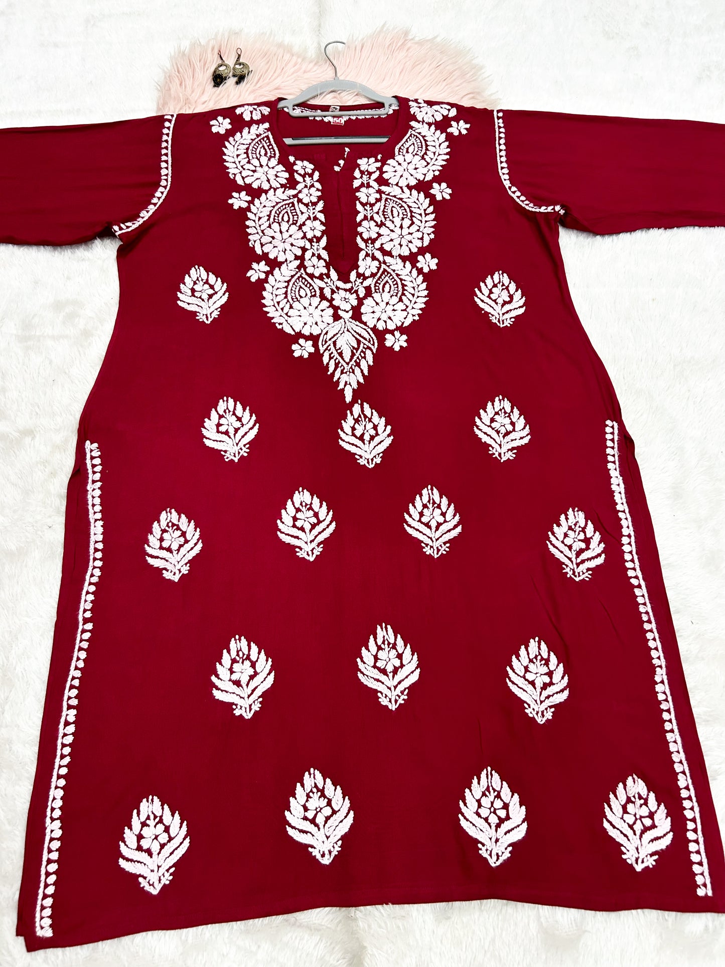 Maroon rayon plus size chikankari kurti 2
