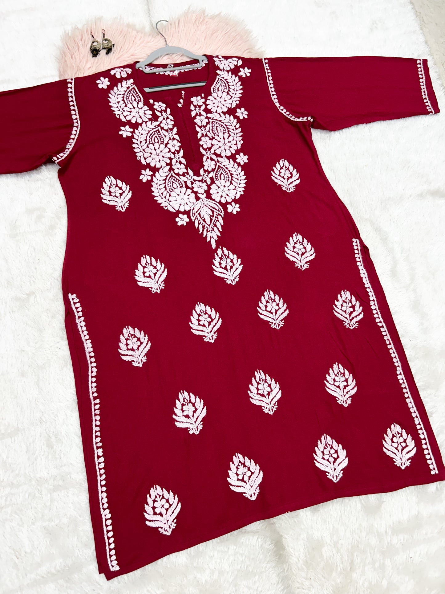 Maroon rayon plus size chikankari kurti 3