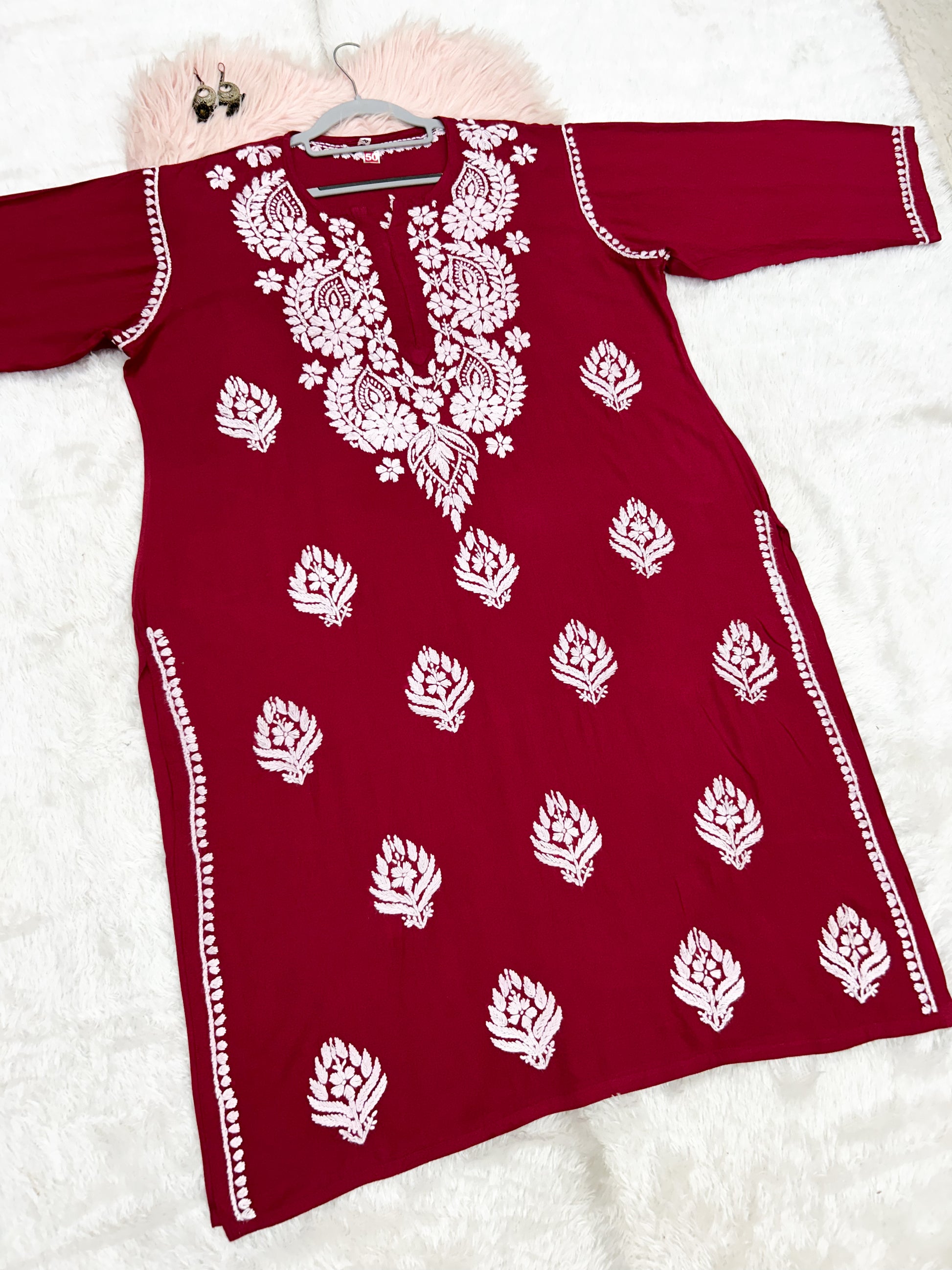 Maroon rayon plus size chikankari kurti 3