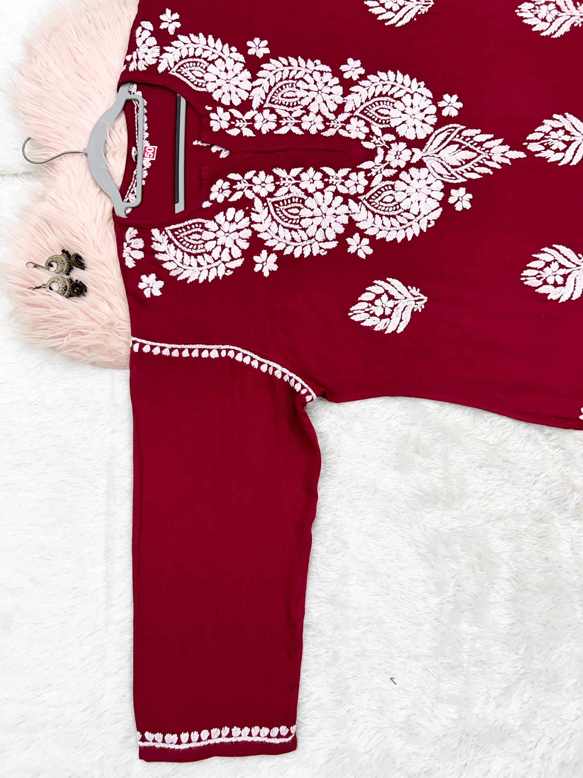 Maroon rayon plus size chikankari kurti 5